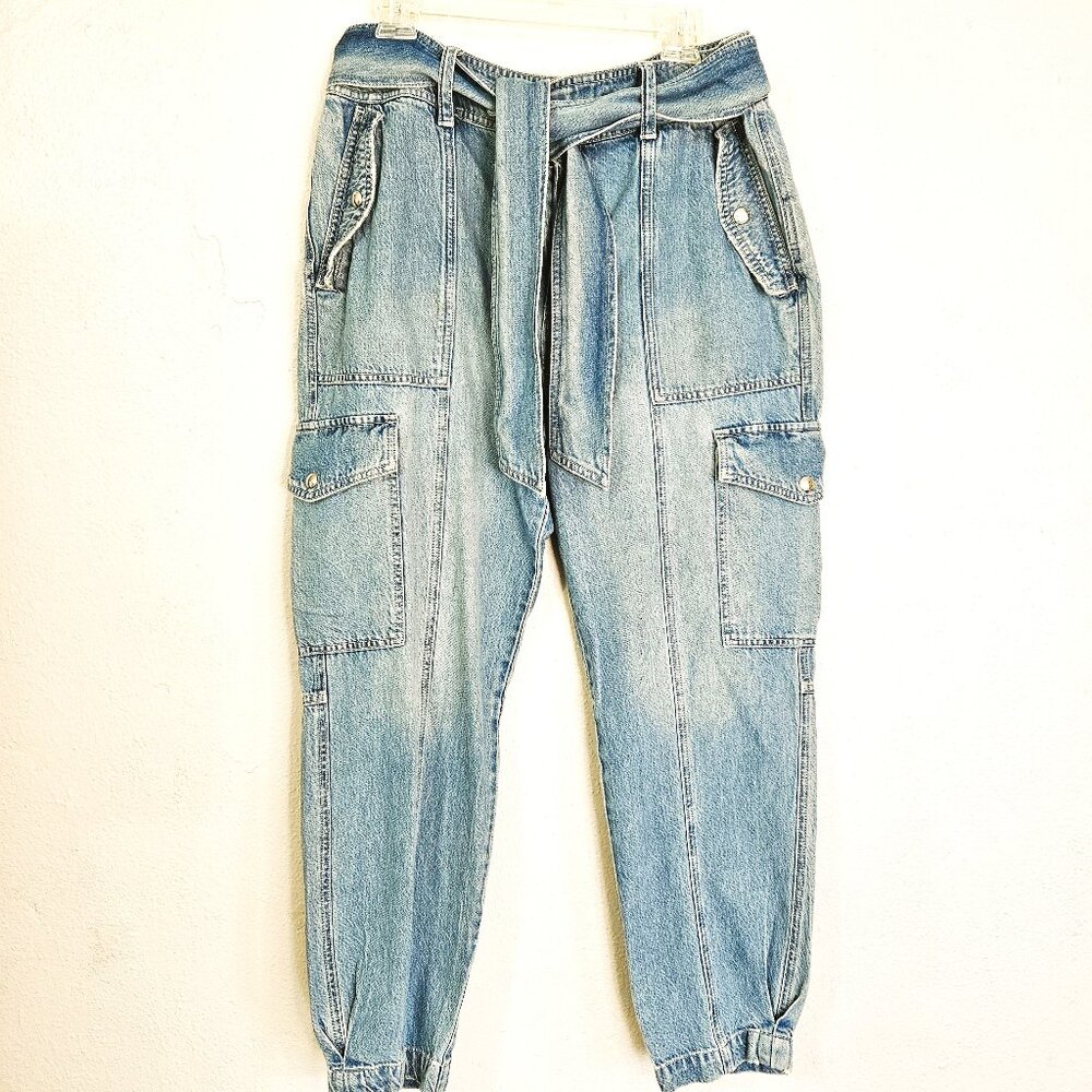 Women’s Light Blue Denim Cargo Jeans with Waist Tie